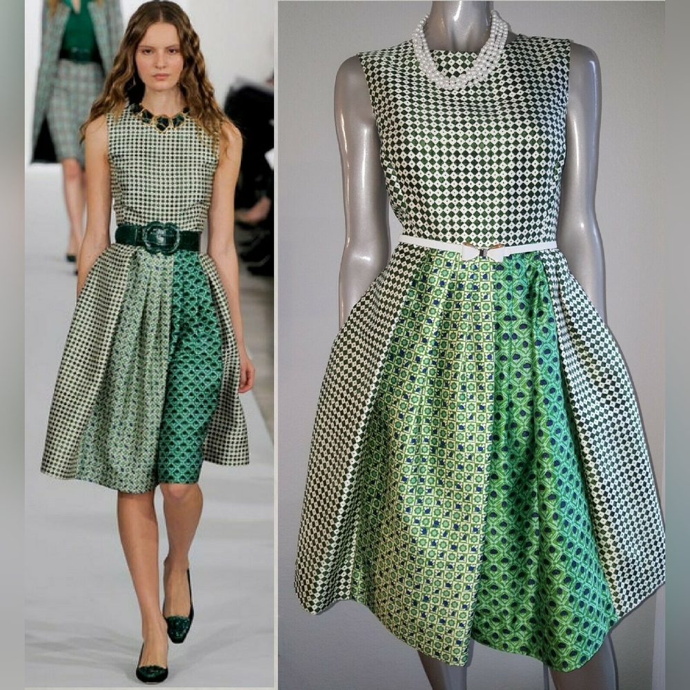 $2,900 OSCAR DE LA RENTA FLORAL DIAMOND GREEN SILK LINED RUNW DRESS US 10